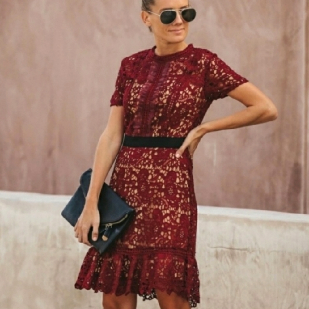 Burgundy Crochet Lace Ruffle Dress Do+Be